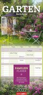 Titel: GARTEN. Autor: Marion Nickig. Familienplaner mit Feiertagen, Schulferien. Datum: 2027. Szenenbild: Gartenidyll.