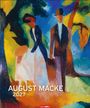 AUGUST MACKE 2027. Eine farbenfrohe expressionistische Malerei zeigt Menschen in eleganter Kleidung in einer bunten Landschaft.