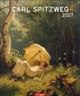 "Carl Spitzweg 2027." Ein Mann ruht im Wald, liegt unter einem Sonnenschirm, umgeben von Natur und ruhigen Szenen.
