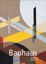 Text: "Bauhaus 2027". Geometrische Formen und Farbflächen in Gelb, Grau, Rot und Schwarz auf beigem Hintergrund.