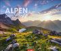 "ALPEN im Licht" und "2027" stehen über einer Berglandschaft bei Sonnenaufgang mit grünen Wiesen und einem klaren See.