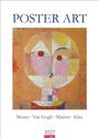 "POSTER ART. Monet, Van Gogh, Matisse, Klee. 2027." Eine abstrakte Illustration mit geometrischen Formen und warmen Farben.