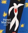„Henri Matisse 2027“. Illustration: weiße Figur auf schwarzem Hintergrund mit blauen und gelben Sternformen.