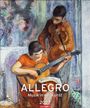 "ALLEGRO Musik in der Kunst 2027. Illustration: Frau spielt Gitarre, Mann mit Geige. Bunte, impressionistische Farben."