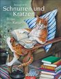 "Schnurren und Kratzen - Bilder von Katzen". Eine Katze mit Brille liest entspannt ein Buch, umgeben von Tee und Büchern.