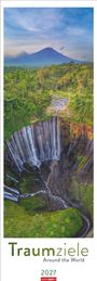 „Traumziele Around the World 2027“. Wasserfall, grüner Wald, im Hintergrund ein Vulkan.