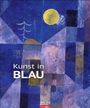 Text: "Kunst in BLAU", "2027", "WEINGARTEN". Eine abstrakte Illustration mit blauen geometrischen Formen und gelber Sonne.