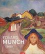 Edvard Munch 2027. Illustration zeigt eine Landschaft mit Hügeln, Häusern und Figuren auf einem Pfad.