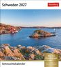 "Schweden 2027", "Mit 53 Postkarten", "Sehnsuchtskalender". Landschaft mit Felsen, Meer, rotem Haus und Segelboot.