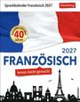 Text: "Sprachkalender Französisch 2027", "Bestseller seit über 40 Jahren", "Französisch 2027", "lernen leicht gemacht".  
Elemente: Französische Flagge, Pariser Skyline.
