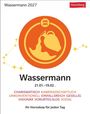 "Wassermann 2027, Harenberg, Wassermann 21.01.–19.02., Charismatisch, Kameradschaftlich, Unkonventionell. Illustration von Wassermann-Symbol."