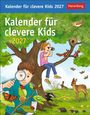 „Kalender für clevere Kids 2027“. Eine Illustration: Kinder entdecken mit Lupe und Fernglas die Natur.
