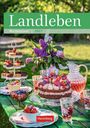 "Landleben Wochenplaner 2027". Ein gedeckter Tisch im Freien mit Kuchen, Gebäck und Blumen.