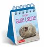 Tischkalender „Ein Jahr Gute Laune“ 2027 mit einem lachenden Seehund auf sandigem Hintergrund, blaues Spiralbindungsdesign.