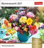 "Blumenpracht 2027", "Harenberg", "Wochenkalender", "Mit 53 Postkarten zum Heraustrennen". Blumenstrauß in blauem Krug.