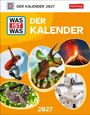 "DER KALENDER 2027". Oben links ein "WAS IST WAS" Logo. Bilder: Skateboarder, Dinosaurier, Vulkan, Faultier, Roboter.