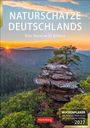 "Naturschätze Deutschlands", "Eine Reise in 53 Bildern". Sonnenuntergang, Waldlandschaft, Felsen mit kleinem Baum vorne.