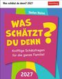 „Was schätzt du denn? 2027“ von Stefan Heine, gelbe und pinke Schrift auf buntem Hintergrund, Harenberg-Logo.