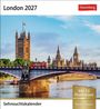 "London 2027", "Sehnsuchtskalender", "Mit 53 Postkarten". Szene: London mit Big Ben, Fluss, Brücke und rotem Bus.
