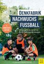 "Denkfabrik Nachwuchs Fußball" steht oben, darunter Kinder und ein Trainer mit Tablet auf Fußballplatz.