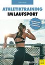 Titel: Athletiktraining im Laufsport. Frau läuft draußen, Sonne im Hintergrund.
