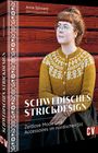 Titel: SCHWEDISCHES STRICKDESIGN, von Anna Sjösvard. Ornamentale Bordüre, Frau in gelbem Cardigan vor Holzwand.