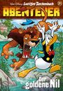 "Der goldene Nil". Eine Comicillustration mit einem Löwen und einer Ente in einem lebhaft dargestellten Abenteuer.