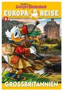 "EUROPA-REISE GROSSBRITANNIEN" steht in großen Buchstaben. Eine Comicfigur im Schottenrock spielt Dudelsack vor einer Burg.
