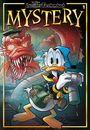 Text: "Mystery" und "Lustiges Taschenbuch". Eine Comic-Ente mit Kamera und Rucksack, verfolgt von einem wütenden roten Monster.