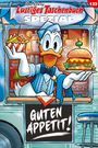 Texte: "Lustiges Taschenbuch Spezial", "Guten Appetit!" Eine fröhliche Ente in blauer Uniform präsentiert Pommes und Burger.