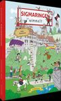 "SIGMARINGEN wimmelt", "Anke Dammann", "Silberburg". Illustration eines geschäftigen Schlosses mit Figuren und Aktivitäten.
