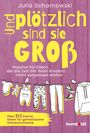 "Und plötzlich sind sie groß" in gelber Schrift auf rosa Holz. Kleidung und Vögel auf Wäscheleine, Text über Glücksmomente.