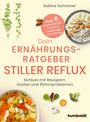 „Dein Ernährungsratgeber Stiller Reflux“ steht in großen, roten Buchstaben. Verschiedene Gewürze und Speisen sind abgebildet.