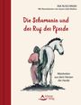 "Die Schamanin und der Ruf der Pferde", Illustration zeigt eine Person in rosa neben einem weißen Pferd, Schirner Verlag Logo.