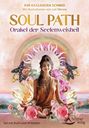 „SOUL PATH – Orakel der Seelenweisheit. Set mit Buch und 44 Karten.“ Frau meditiert, umgeben von Blumen und Schmetterlingen.