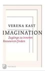 „VERENA KAST IMAGINATION. Zugänge zu inneren Ressourcen finden“ in schwarzer und roter Schrift, mit abstraktem weißem Rahmenmuster.