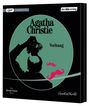 "Agatha Christie", "Vorhang", "Ein Hercule Poirot Krimi". Silhouette eines Mannes mit Hut, pinkes Schnurrbart-Design.