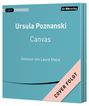 Buchcover: "Ursula Poznanski, Canvas", "Gelesen von Laura Maire". Ein blaue Hintergrund mit schwarzem "der Hörverlag"-Logo.