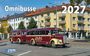 Texte: "Omnibusse", "2027", "Auto-Post Hartheim/Rhein". Ein burgunderfarbener Oldtimer-Bus fährt vor gelben Gebäuden.