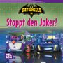 "Stoppt den Joker!" in pinker Schrift. Comic-Fahrzeuge, darunter ein lila Bus mit Joker-Motiven und ein futuristisches Auto.