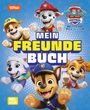 „Mein Freundebuch“ steht in großen Buchstaben, umgeben von fröhlichen, cartoonhaften Hunden aus der Serie „Paw Patrol“.
