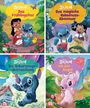 Vier bunte Disney-Buchcover mit Stitch; "Das Frühlingsfest", "Das magische Kokosnuss-Abenteuer", "Die Geburtstagsüberraschung", "Ich bin Angel!".
