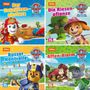 Vier Cover von "Paw Patrol" Büchern mit Titeln: "Der Satellitenabsturz", "Die Riesenpflanze", "Außer Kontrolle", "Affen-Alarm".