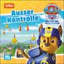 "Außer Kontrolle", "Paw Patrol Helfer auf vier Pfoten", ein Cartoon-Hund in blauem Outfit, bunte Maschinen im Hintergrund.