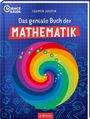 "Das geniale Buch der Mathematik" in Weiß auf Blau. Bunter, spiralförmiger Hintergrund, Zahlen verteilt in weiß.