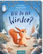 "Bist du der Winter?" Zwei Autorennamen oben. Rotes Eichhörnchen, Schneeflocke, Eule, zwei Hasen, winterliche Natur.