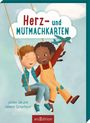 "Herz- und Mutmachkarten" steht auf einer Wolke. Zwei Kinder schaukeln fröhlich, eines hält ein Flugzeugspielzeug.