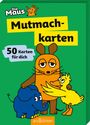 Text: "Mutmachkarten", "50 Karten für dich". Illustration mit Maus, Ente und Elefant auf grünem Hintergrund.