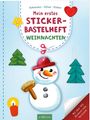 "Mein erstes Sticker-Bastelheft Weihnachten". Oben Sterne, Herz, unten Schneemann, Kerze, Tannenbaum. Verspieltes Layout.
