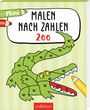 "Mini Malen nach Zahlen Zoo" in einer Sprechblase, Krokodil mit nummerierten Flächen, bunt umrandet von Buntstiften.